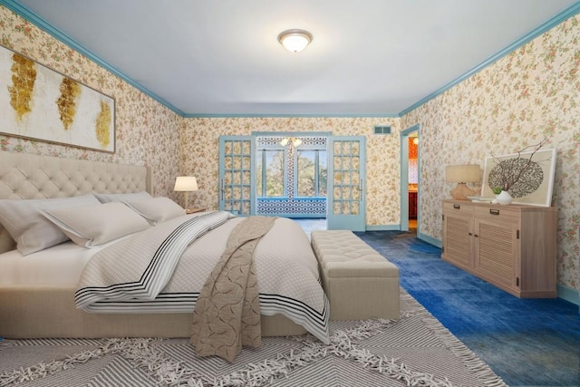 bedroom with wallpapered walls, crown molding, and carpet flooring