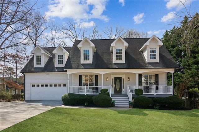 new england style home featuring a shingled roof, covered porch, concrete driveway, an attached garage, and a front yard