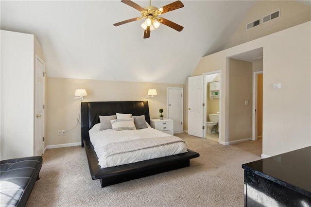 bedroom featuring light colored carpet, visible vents, lofted ceiling, and baseboards