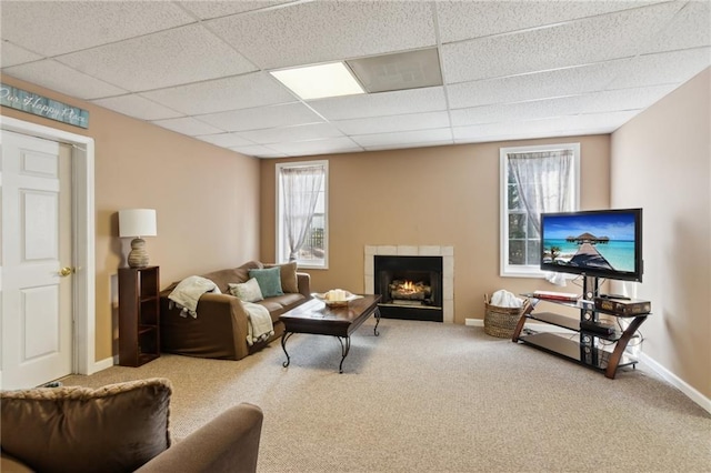 living area with a paneled ceiling, a tiled fireplace, baseboards, and carpet flooring