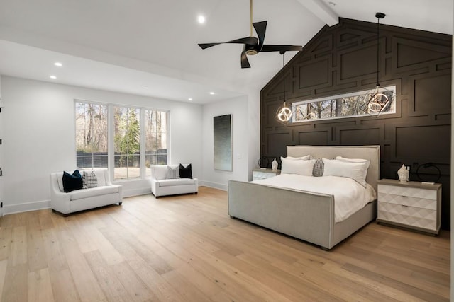 185 Pebble Trl, Alpharetta, GA 30009 - bedroom with light wood-style floors, baseboards, high vaulted ceiling, beam ceiling, and a ceiling fan