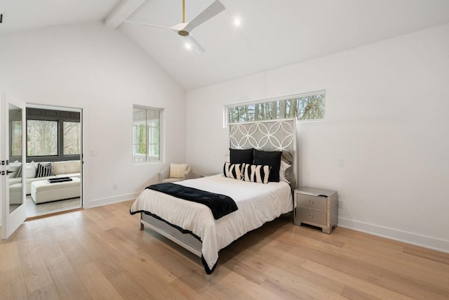 185 Pebble Trl, Alpharetta, GA 30009 - bedroom featuring beamed ceiling, light wood-style floors, high vaulted ceiling, baseboards, and ceiling fan