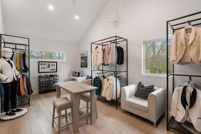 185 Pebble Trl, Alpharetta, GA 30009 - walk in closet featuring high vaulted ceiling and light wood-style flooring