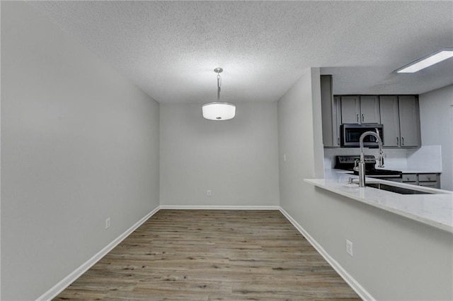 3650 Ashford Dunwoody Rd NE Unit 923, Atlanta, GA 30319 - kitchen featuring stainless steel appliances, wood finished floors, a textured ceiling, baseboards, and gray cabinets