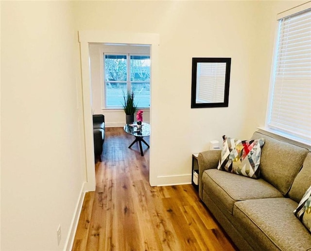 living room with baseboards and light wood-style floors