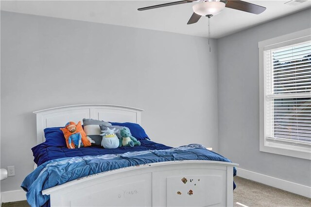 bedroom featuring carpet flooring and ceiling fan