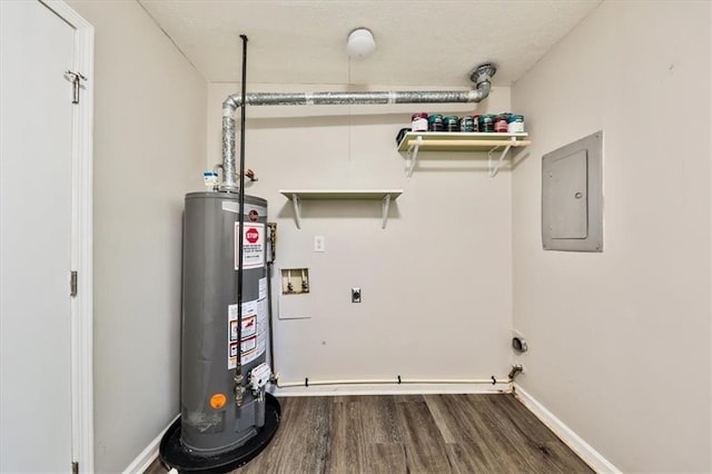 5666 Goldfield Dr, Acworth, GA 30102 - laundry area with electric panel, gas water heater, hookup for a washing machine, dark wood-style floors, and hookup for an electric dryer