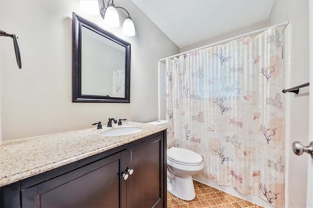 5666 Goldfield Dr, Acworth, GA 30102 - bathroom featuring toilet, vanity, a shower with curtain, and tile patterned flooring