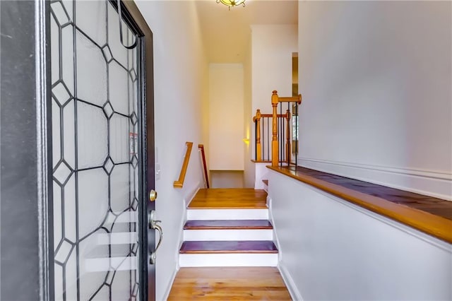 stairs with hardwood / wood-style floors