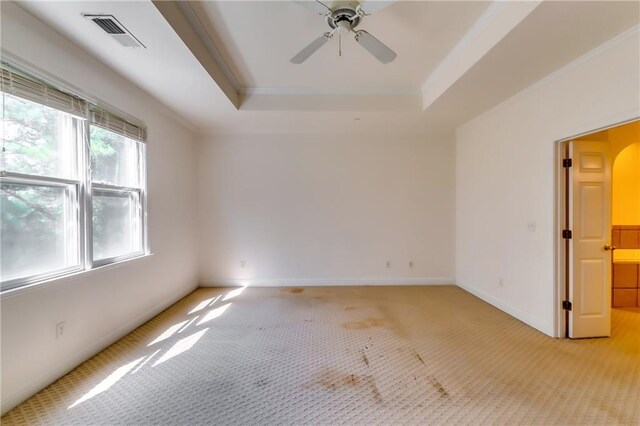 carpeted empty room featuring a tray ceiling and ceiling fan