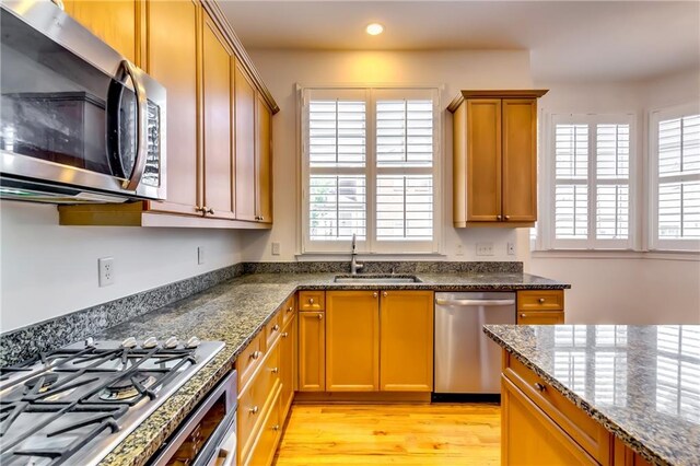 kitchen with a wealth of natural light, light hardwood / wood-style floors, appliances with stainless steel finishes, and sink