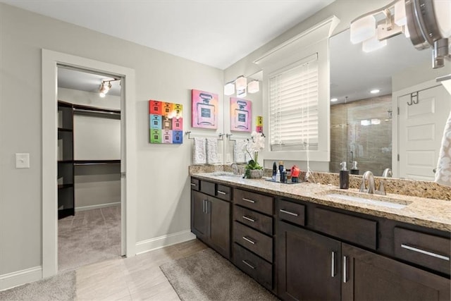 bathroom with a shower with door and vanity