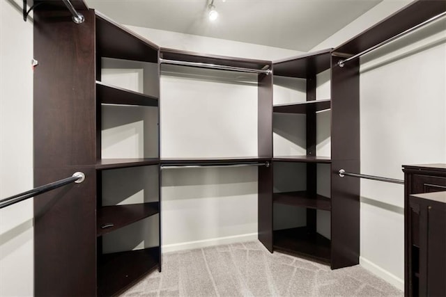 walk in closet featuring light carpet