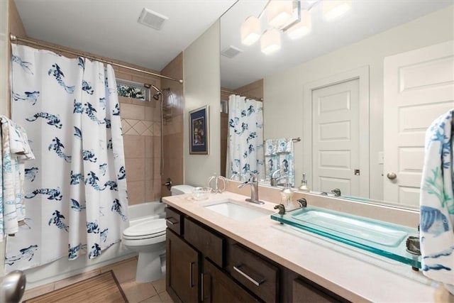 full bathroom with toilet, tile patterned flooring, shower / tub combo, and vanity