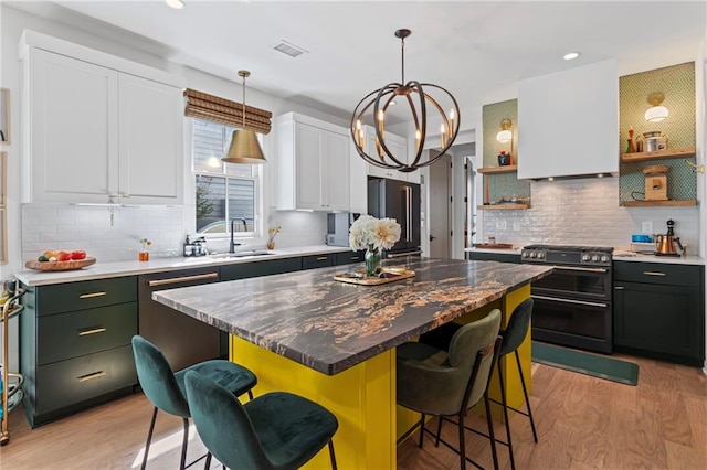 kitchen featuring white cabinets, open shelves, a sink, appliances with stainless steel finishes, and backsplash