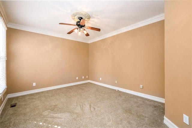 spare room featuring carpet, crown molding, and ceiling fan