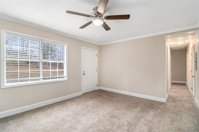 spare room featuring carpet, baseboards, and crown molding