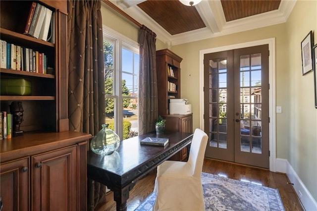 office area featuring a wealth of natural light, french doors, crown molding, and wood finished floors