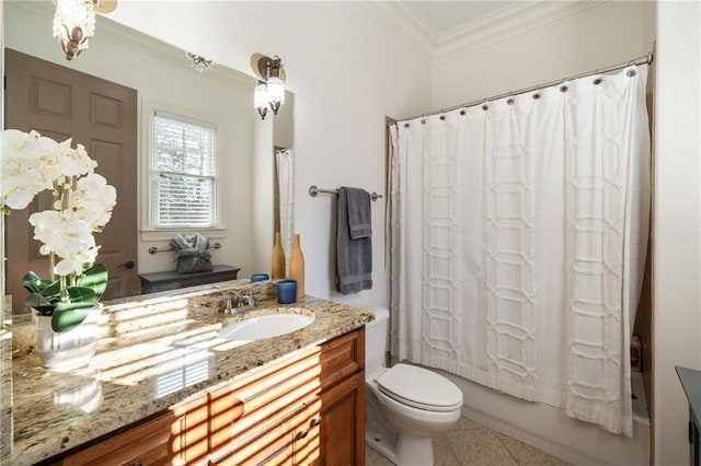 bathroom featuring crown molding, toilet, shower / bath combo with shower curtain, vanity, and tile patterned flooring