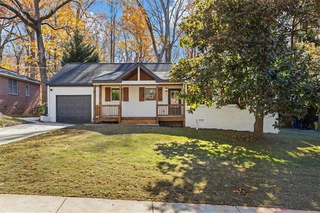 ranch-style house with a porch, concrete driveway, an attached garage, and a front lawn