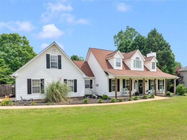 view of front of property featuring covered porch and a chimney