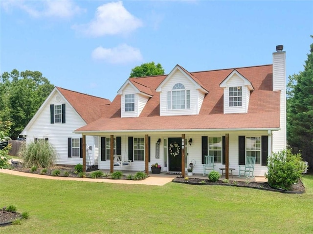 cape cod-style house with a porch, a front yard, and a chimney