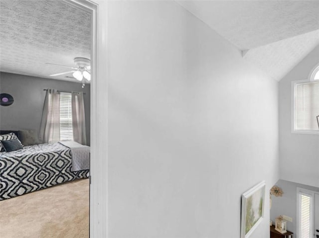 carpeted bedroom featuring a textured ceiling, a ceiling fan, and lofted ceiling