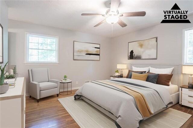802 San Miguel Dr, Stone Mountain, GA 30083 - bedroom with wood finished floors, baseboards, and a ceiling fan