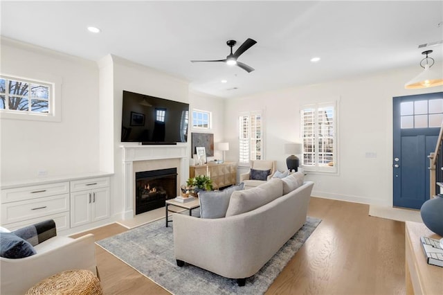 living room with ceiling fan and light hardwood / wood-style floors