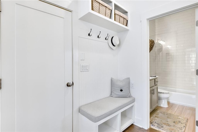 mudroom with wood-type flooring