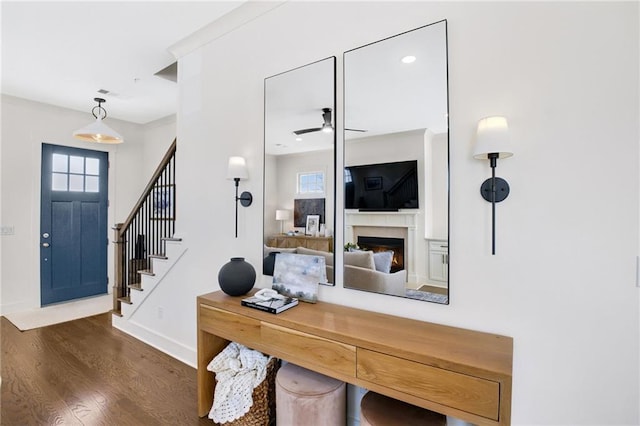 foyer with dark hardwood / wood-style floors and ceiling fan