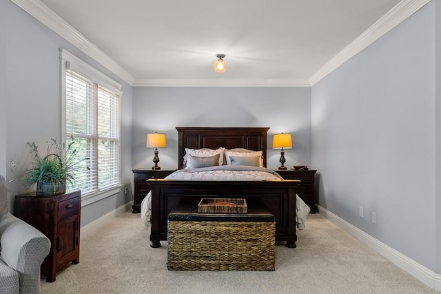 bedroom featuring multiple windows, crown molding, and light carpet