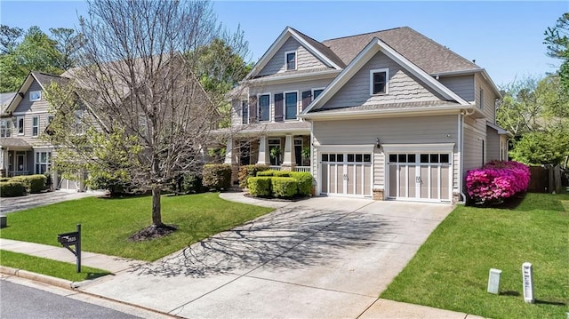 view of front of home with an attached garage, a front yard, and concrete driveway