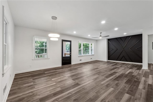 1978 Ethel Ln, Decatur, GA 30032 - unfurnished living room with ceiling fan, dark wood finished floors, and recessed lighting