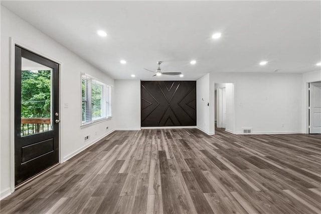 1978 Ethel Ln, Decatur, GA 30032 - unfurnished living room with dark wood-type flooring, recessed lighting, and a ceiling fan