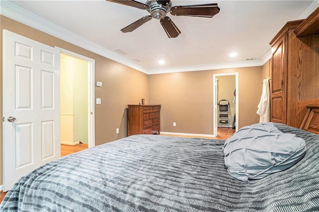 3392 Inns Brook Way, Snellville, GA 30039 - bedroom featuring ornamental molding, baseboards, recessed lighting, light wood finished floors, and ceiling fan