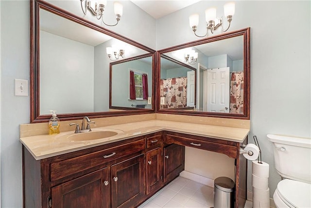 3392 Inns Brook Way, Snellville, GA 30039 - bathroom with a chandelier, toilet, vanity, and tile patterned flooring