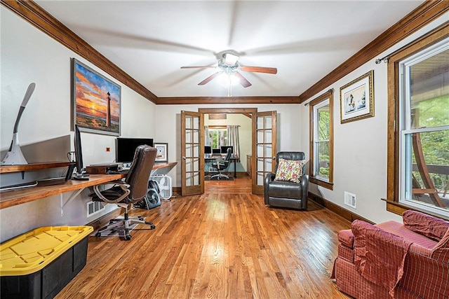 3392 Inns Brook Way, Snellville, GA 30039 - office area featuring ornamental molding, wood finished floors, a ceiling fan, french doors, and baseboards