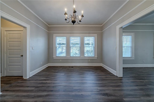 unfurnished dining area with a chandelier, crown molding, and dark hardwood / wood-style flooring