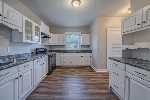 kitchen with sink, white cabinets, dark hardwood / wood-style floors, and black electric range