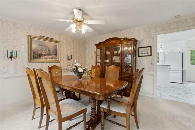 4135 Ashford Way, Gainesville, GA 30507 - dining room with ceiling fan, wallpapered walls, a wainscoted wall, and ornamental molding