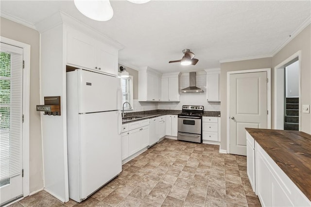 6010 White Oak Ct NW, Kennesaw, GA 31052 - kitchen featuring white appliances, wall chimney exhaust hood, white cabinetry, crown molding, and wood counters
