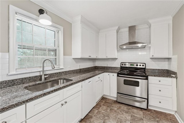 6010 White Oak Ct NW, Kennesaw, GA 31052 - kitchen featuring wall chimney exhaust hood, stainless steel electric stove, dishwasher, white cabinetry, and ornamental molding