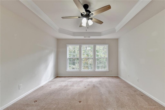 unfurnished room featuring crown molding, light carpet, and a raised ceiling