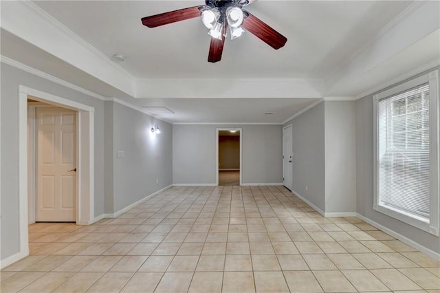 tiled empty room featuring crown molding and ceiling fan