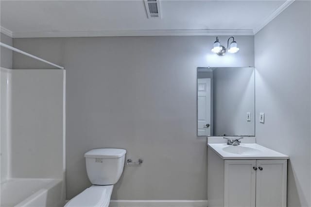 full bathroom with toilet, ornamental molding, vanity, and shower / bath combination