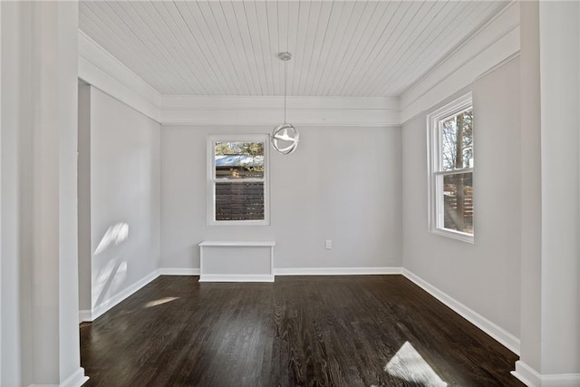 unfurnished dining area featuring wood ceiling and dark hardwood / wood-style flooring