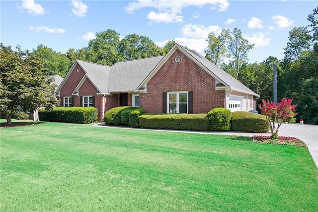 view of front of property featuring a garage and a front lawn