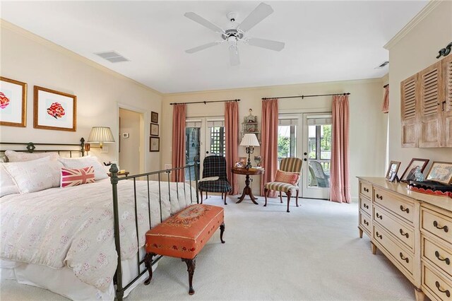 bedroom featuring access to outside, french doors, ceiling fan, ornamental molding, and light colored carpet