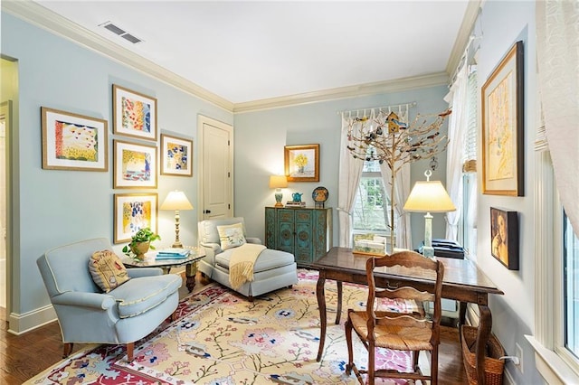 living area featuring ornamental molding and dark hardwood / wood-style floors